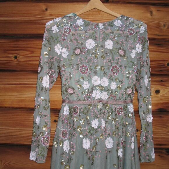 MAC DUGGAL 5716 Green Sequined Floral Long Sleeve High Neck Midi Dress - Picture 11 of 15